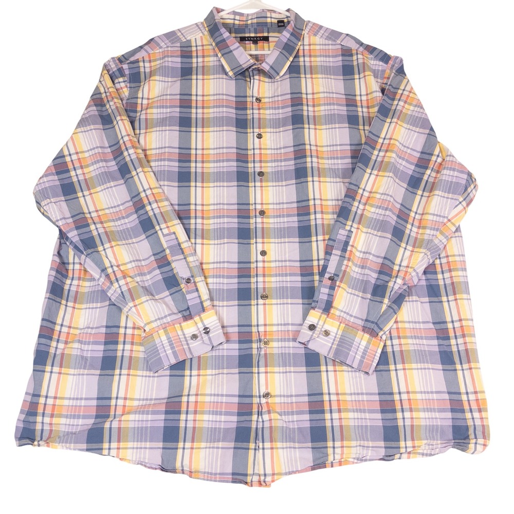 SYNRGY Mens 4XLT Plaid Button Down Shirt Long Sleeve Blue Purple Yellow Tall